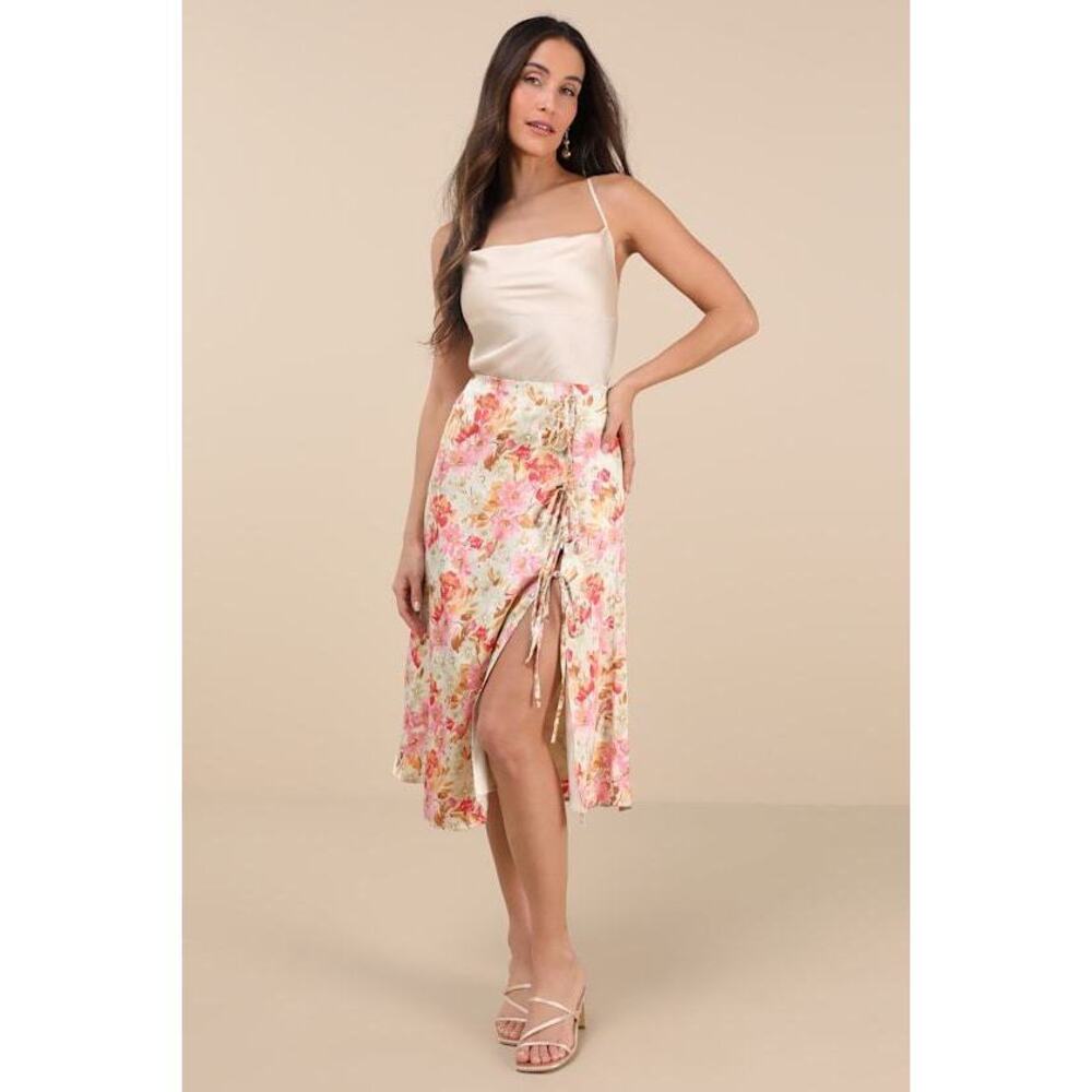 Lulus Nasima Cream Multi Floral Satin Midi Skirt White - Size L